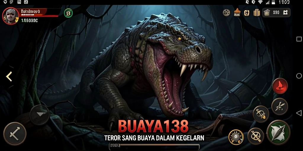 Tampilan menakutkan gameplay BUAYA138 dengan buaya mengintai di kegelapan.