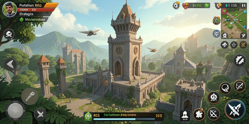 Screenshot gameplay menampilkan menara bertahan dari serangan musuh.